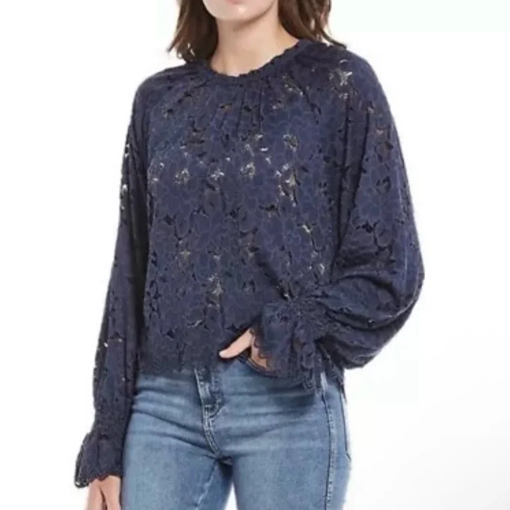 Free People Olivia Floral‎ Lace Top Navy Blue Medium Boho Sheer Peasant Cottage